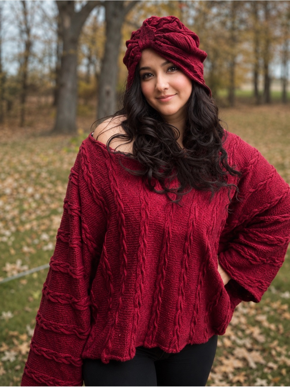 Fall Knit Set – Red Sweater with Matching Turban - Picture 2 of 6